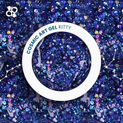 Verniz em gel glitter azul e roxo com etiqueta circular branca