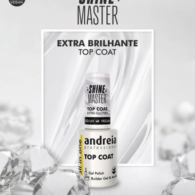 Frasco de verniz gel Shine Master da andreia professional com texto extra brilhante top coat
