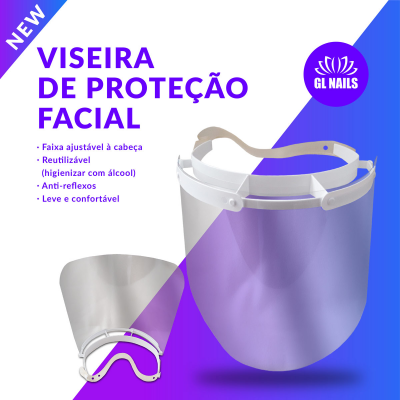 Viseira de proteção facial roxa com suporte branco e texto em roxo