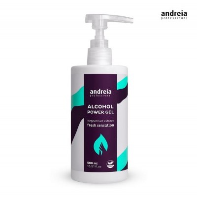 Frasco branco com doseador e rótulo roxo e turquesa de álcool gel Andreia
