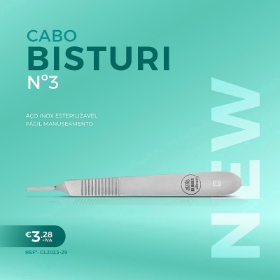 Bisturi com cabo de aço inoxidável em fundo verde água com texto promocional