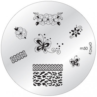 Placa metálica redonda para carimbos de unhas com desenhos florais, borboletas e padrões em preto