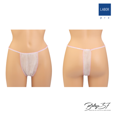 Tanga descartável feminina branca com bordas cor-de-rosa em manequim, vista frontal e traseira