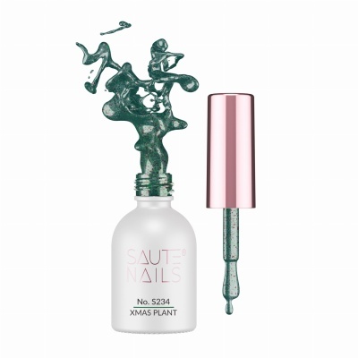 Frasco de verniz de unhas com verniz verde gliter e tampa rosa