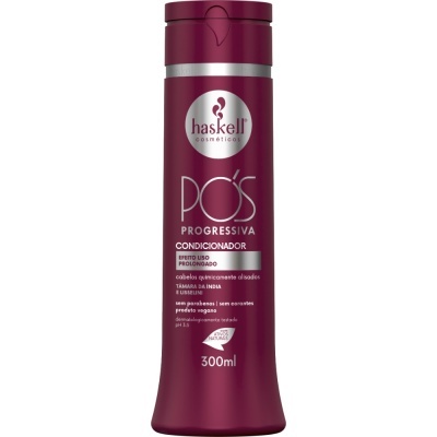 Frasco vinho de condicionador Haskell Pós Progressiva com texto branco e amarelo