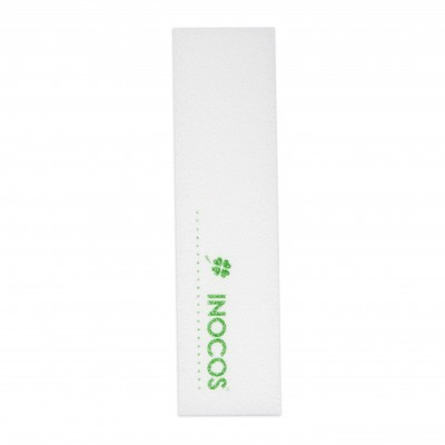 Lixa de unha branca com texto e logotipo verdes