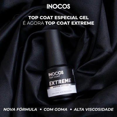 Frasco preto de verniz top coat INOCOS Extreme sobre tecido preto brilhante