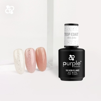Verniz de unhas Purple Professional com amostras nas cores nude e branco com partículas prateadas
