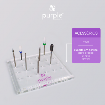 Suporte em acrílico transparente para brocas com várias brocas inseridas e texto informativo roxo