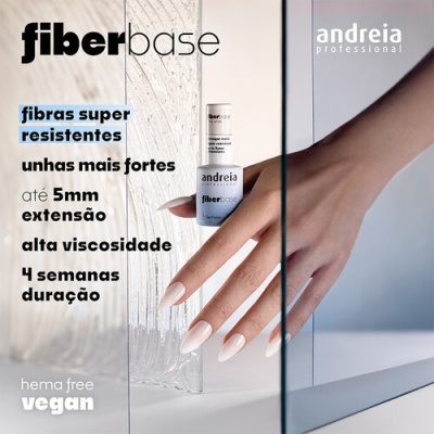 Verniz para unhas Fiberbase Andreia com mão feminina segurando e texto promocional em português.