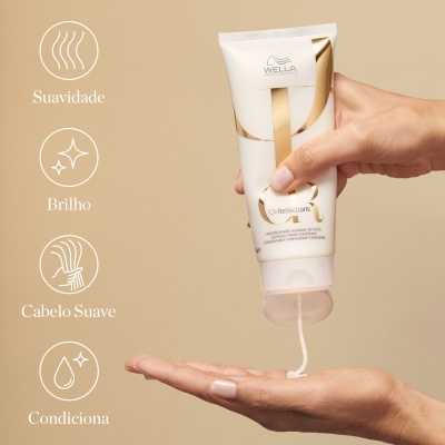 Mão espremendo creme branco de tubo Wella com ícones e texto de benefícios à esquerda