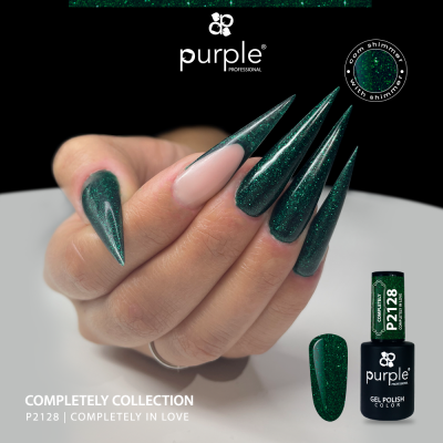 Unha artificial longa verde com brilho e frasco de verniz gel Purple Professional