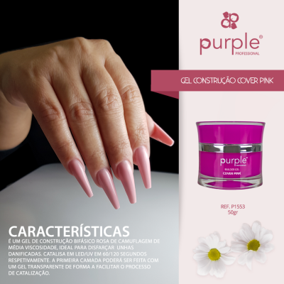 Frasco de gel Purple Professional Cover Pink e mão com unhas pintadas em rosa