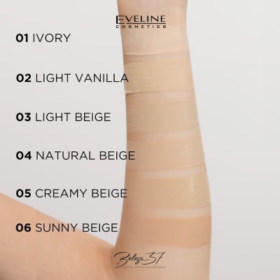 Braço com seis tons de base líquida Eveline Cosmetics de 01 Ivory a 06 Sunny Beige