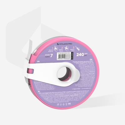 Fita abrasiva branca descartável Staleks Pro numa caixa plástica rosa e lilás