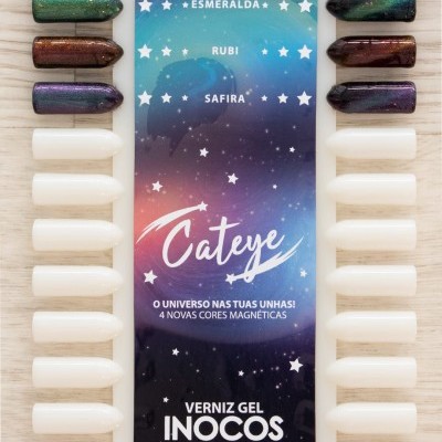 Amostras de verniz gel Inocos Cateye em 4 cores magnéticas em unhas artificiais com cartela colorida