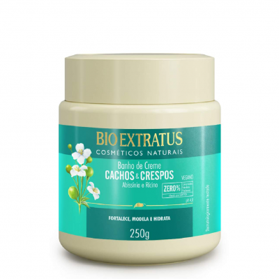 Frasco branco de creme BIO EXTRATUS CACHOS & CRESPOS com rótulo verde-turquesa