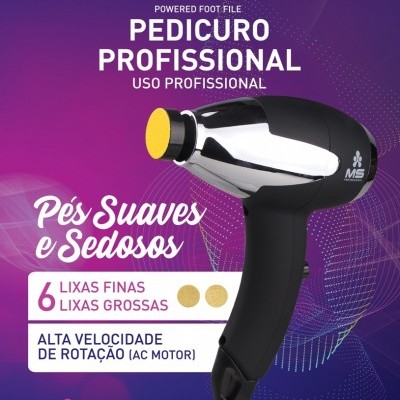 Aparelho profissional para pedicuro preto e prateado com disco amarelo e texto informativo em fundo roxo.