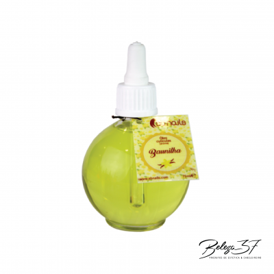 Frasco redondo em vidro com óleo essencial de baunilha e tampa branca