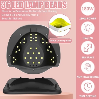 Dispositivo preto para cura de unhas com LEDs amarelos em fundo rosa