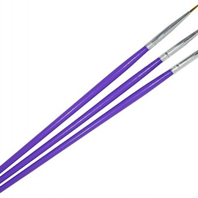 Set de três pincéis de pintura com cabo roxo e cerdas finas
