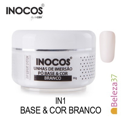 Frasco branco de pó para unhas INOCOS branco com tampa e amostra da cor
