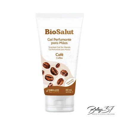 Gel perfumante BioSalut para mãos aroma café em embalagem branca e castanha com imagens de grãos de café