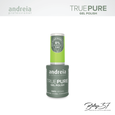 Frasco de verniz gel Andreia Professional True Pure Gel Polish cinza com tampa verde e texto branco