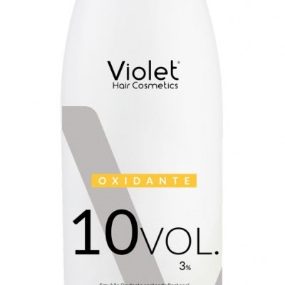 Frasco branco de cosmético capilar com texto Violet Oxidante 10 VOL. 3%