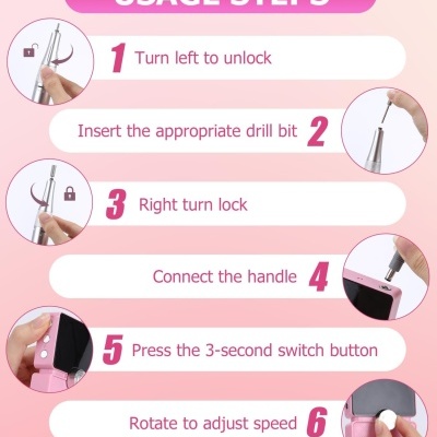 Instruções de uso para ferramenta elétrica rosa e metálica com texto e imagens de mãos manuseando o produto.