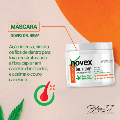Embalagem de máscara capilar NOVEX DR. HEMP branca com texto verde e laranja