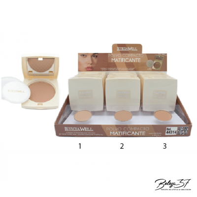 Expositor de pó compacto matificante Leticia Well em embalagens bege e tampa transparente com numeração 1, 2, 3