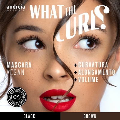 Rosto de mulher com maquilhagem e texto promocional de máscara de pestanas Andreia Vegan.