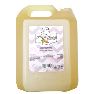 Frasco grande de óleo de amêndoas doces amarelo transparente com rótulo branco e roxo