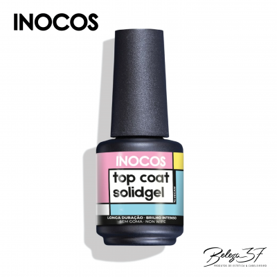 Frasco de verniz INOCOS Top Coat Solidgel com tampa preta e etiqueta colorida