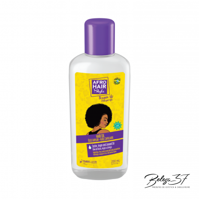 Frasco de produto Afro Hair Style Oil Repair com tampa roxa e rótulo amarelo