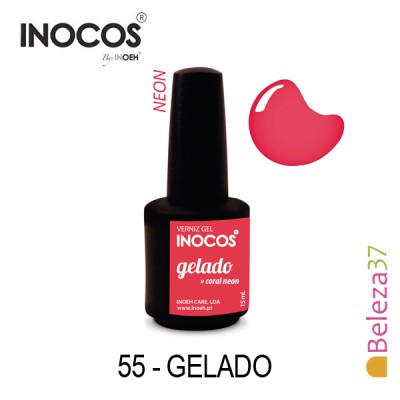 frasco de verniz gel Inocos coral neon com rótulo vermelho