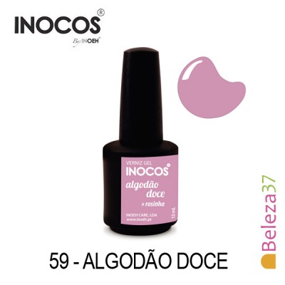 Frasco preto de verniz gel INOCOS algodão doce com rótulo cor-de-rosa claro e texto branco