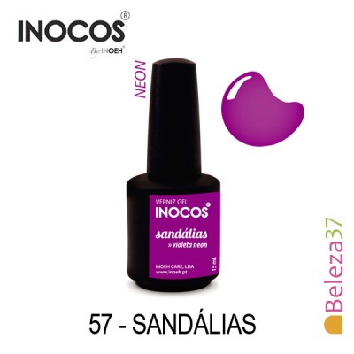 Frasco de verniz gel violeta neon da marca INOCOS com texto e amostra da cor, fundo branco