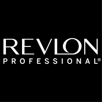 Logotipo da marca REVLON PROFESSIONAL em branco sobre fundo preto