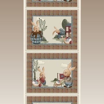 Painéis com desenhos de coelhos e fundo quadriculado castanho e bege com texto 