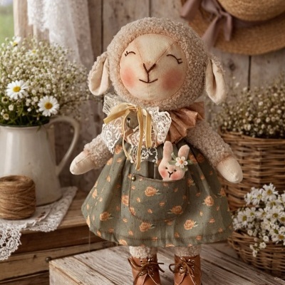 Peluche de ovelha com vestido verde flores cor de pêssego e botas castanhas