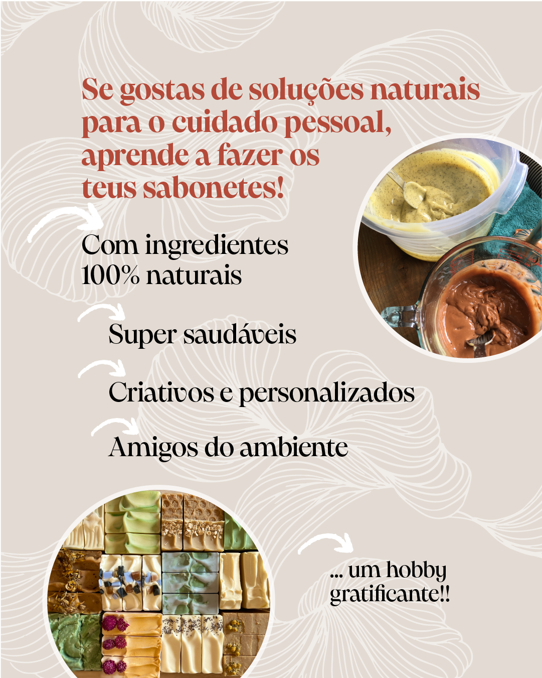 Workshop Sabonetes Naturais Imagem promocional para fazer sabonetes naturais com fotos de misturas e sabonetes artesanais coloridos