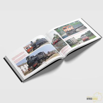 Livro aberto com fotografias de locomotivas e texto em português