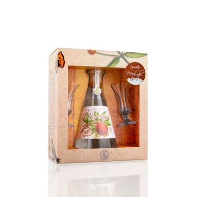 Conjunto de garrafa e copos de vidro com rótulo Melrose em caixa decorativa