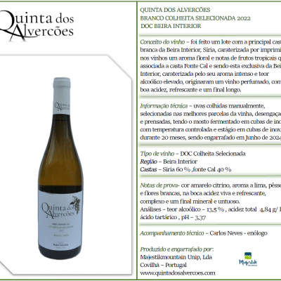 Garrafas de vinho branco Quinta dos Alverções com rótulo e ficha técnica ao fundo