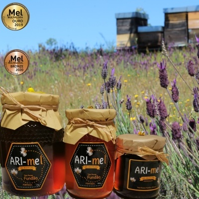 Três frascos de mel ARI-me em campo com flores roxas e caixas de abelhas ao fundo