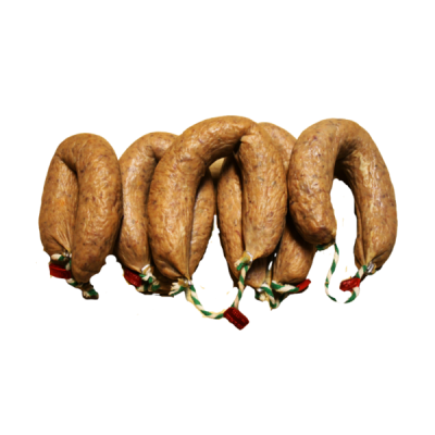 Cinco enchidos castanhos claros ligados por cordões verdes e brancos