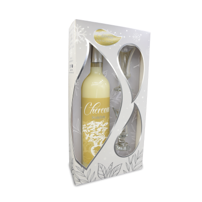 Conjunto garrafa creme cor amarelo claro e dois copos em embalagem branca decorada com folhas e flocos de neve