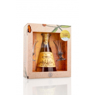 Embalagem com garrafa de Zimbro e dois copos de vidro